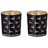 Edzard 2er-Set Teelichtglas Luna (Höhe 8 cm), schwarz, Hirsch-Motiv