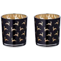 Edzard 2er-Set Teelichtglas Luna (Höhe 8 cm), schwarz, Hirsch-Motiv