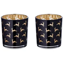 Edzard 2er-Set Teelichtglas Luna (Höhe 8 cm), schwarz, Hirsch-Motiv