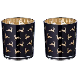 Edzard 2er-Set Teelichtglas Luna (Höhe 8 cm), schwarz, Hirsch-Motiv