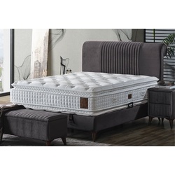 Casa Padrino Luxus Doppelbett Grau / Weiß / Dunkelbraun 180 x 200 cm - Massivholz Bett mit Kopfteil und Matratze - Schlafzimmer Möbel - Hotel Möbel - Luxus Möbel - Luxus Einrichtung