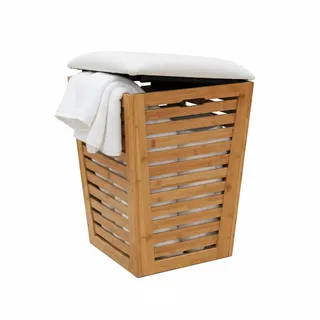 Relaxdays Wäschekorb mit Sitz, Badhocker mit Stauraum, 55 l Wäschesammler, HBT: 56x40x40 cm, Bambus & Stoff, Natur/Creme