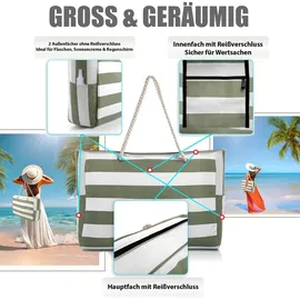 BigDean Strandtasche XXL Grün/Weiß/Grau 53 x 38 x 20 cm