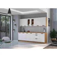 Furnix Küchenzeile Isladora Küchenmöbel-Set 260 cm Einbau-Küche im Landhaus Design, Maße 260x85,8x60 cm Höhe max nach Montage, ästhetisch & zeitlos beige