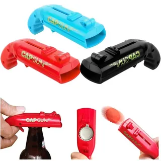 Flaschenöffner Pistole Cap Gun Kronkorken Shooter mit Auffangfach, H0724 - Rot/Blau/Schwarz