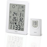 Hama Wetterstation Funk mit Außensensor (inkl. Batterie, mit Innen- und Außentemperatur, Wettervorhersage, Thermometer, Barometer, Hygrometer, Mondphasen, Funkuhr, Wecker) weiß