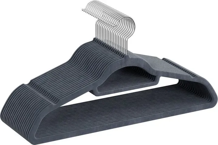 Ochama 20er-Set plüschige Samt-Kleiderbügel, rutschhemmend, mit Krawattenhalter und 360°-Schwenkhaken – platzsparend, 0,6 cm dick, 43,5 cm lang, für Kleider und Hosen, Hellgrau