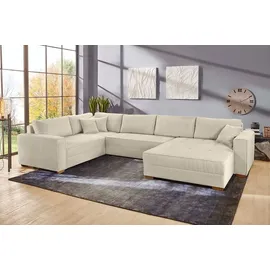 luma-home schönes für dein zuhause Wohnlandschaft U-Form 379/227/86 cm breit, Sofa Schlaffunktion Bettkasten, Wellenfedern, spiegelverkehrt montierbar, Cord Beige Grau / 15200