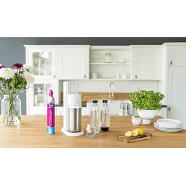 Sodastream Duo weiß + Glaskaraffe + PET-Flasche + Zylinder