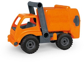 LENA EcoActives Müllwagen Sandfahrzeug rot Führerhaus zum Öffnen und Bespielen, verriegelbarer Müllbehälter mit Mülltonne und Hebel mit Kippfunktion Größe