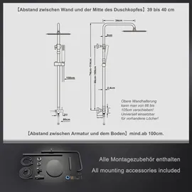 Görbach JOHO Edelstahl Duschset ohne Armatur, Regendusche Duschsystem mit Duschkopf, Duschstange, Duschschlauch, Kopfbrause D20cm Gunmetal Grau