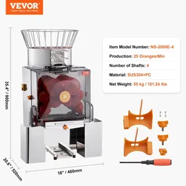 Vevor Kommerzielle Orangenpresse Automatischer 120-W-Entsafter, Edelstahl-Orangenpresse für 25 Orangen pro Minute, mit PC-Abdeckung 46 x 52 x 90 c...