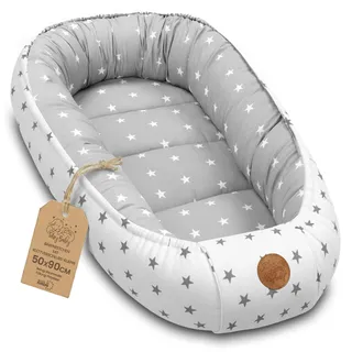Totsy Baby Babynest babynestchen neugeborene 90 x 50 cm baby nestchen tragbar nest für bett kinder kuschelnest coccon für Jungen und Mädchen Sternchen Grau-Weiß