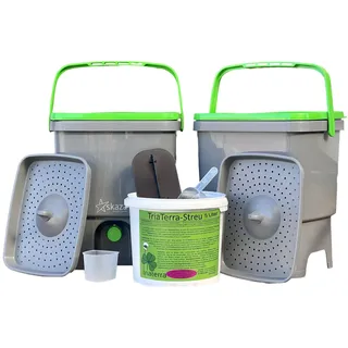 2 x Bokashi-Eimer-16l + 5l-TriaTerra-Streu Set Terra Preta-Küchenkompost (grau/grün)