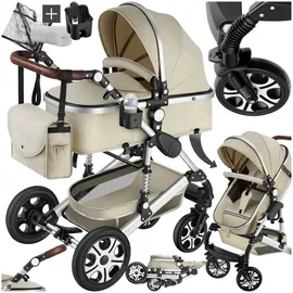 Tectake tectake® Kombi-Kinderwagen, 2 in 1, klappbar, mit 5-Punkt-Gurt, Bremse, Schutzbügel und Handschlaufe, pulverbeschichteter Aluminiumrahmen, pflegeleichter Stoffbezug, für 0 bis 36 Monate geeignet, Belastbarkeit 15 kg