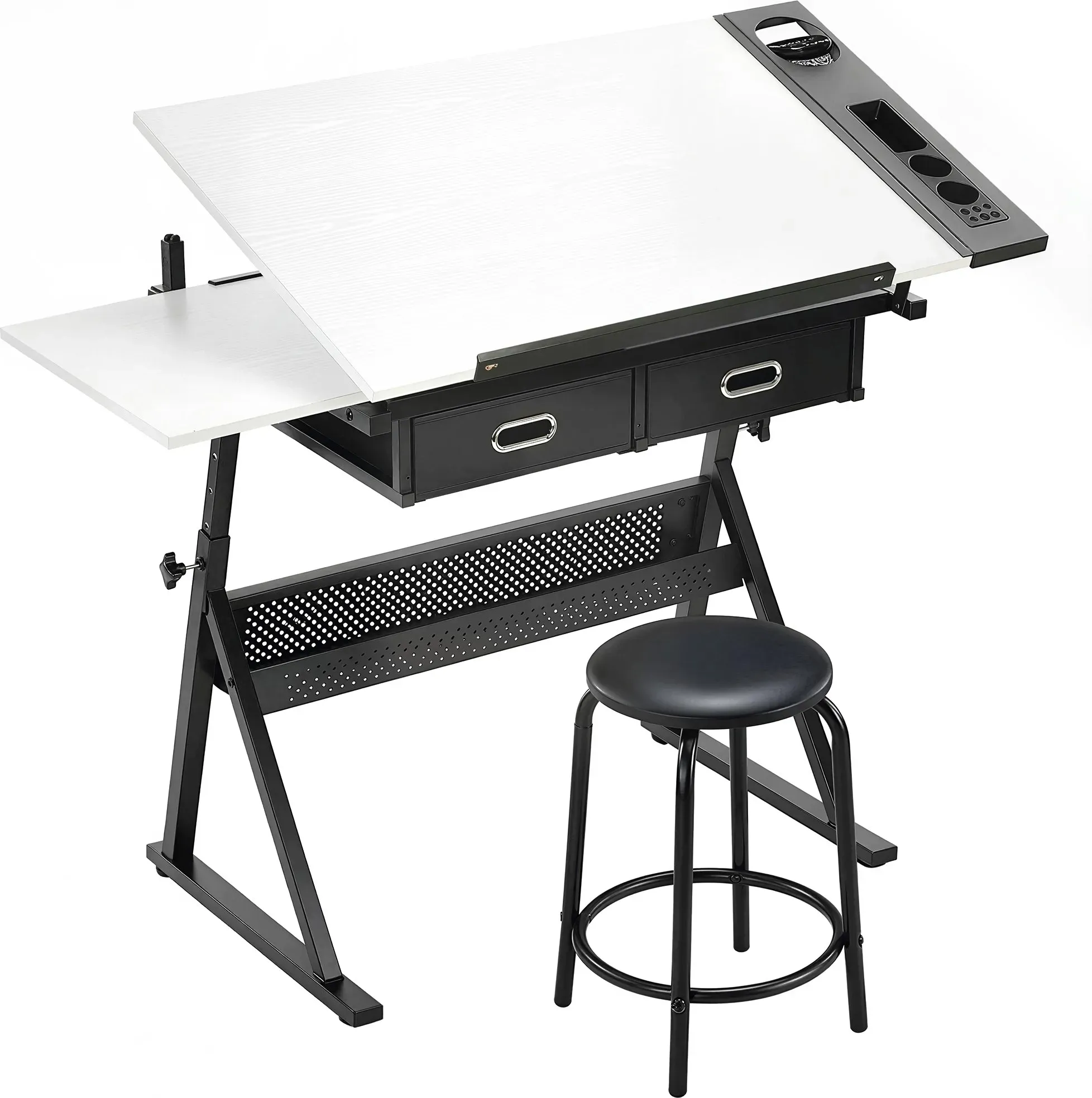 HOMCOM Zeichentisch mit Hocker Architektentisch höhenverstellbarer Arbeitstisch mit neigbarer Tischplatte und 2 Schubladen Schreibtisch Schülerschreibtisch für Architekt & Künstler, Weiß   Aosom