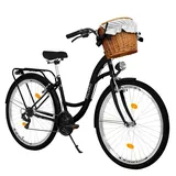 MILORD Damenfahrrad Citybike Komfort Mit Weidenkorb Hollandrad Fahrrad, 26 Zoll, 21-Gang, Schwarz - Schwarz