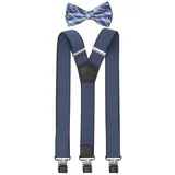 Fabio Farini Hosenträger mit passender Fliege als Set 4cm Y-Form für Herren Pack Blauen 4cm Hosenträger - Blau/Grau Gestreiften Fliege blau|grau
