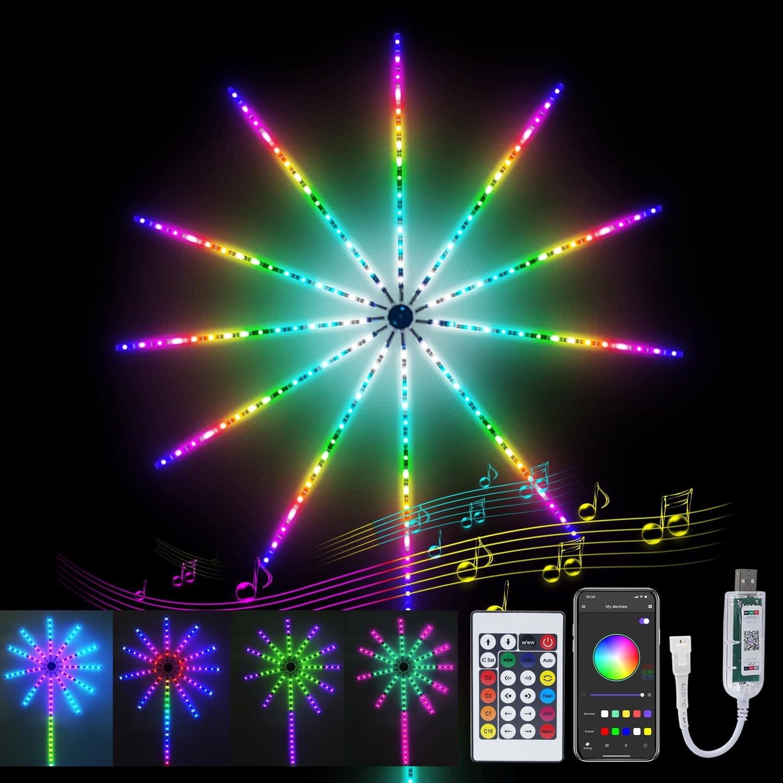Wisada Bluetooth Feuerwerk LED Lichterkette,USB Multicolor Chasing Effekt LED Streifen,RGBIC Firework Streifen Sync Mit Musik 195LEDs Starburst Lichter Mit Fernbedienung für Weihnachten Party Bar Deko
