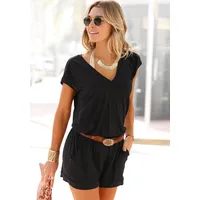 LASCANA Kurzoverall mit V-Ausschnitt, elastischer Jumpsuit mit Taschen schwarz 38