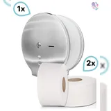 Blanc HYGIENIC Jumbo-Toilettenpapierspender EDELSTAHL matt mit 2 Jumborollen-Toilettenpapier 300 m, 2-lagig