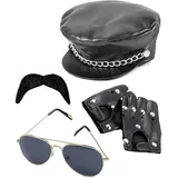 Dreamzfit - Herren 80er Jahre Punk Biker Kostüm Accessoires Schwarz Biker Cap mit Kette, Fliegerbrille, Biker Handschuhe & Schnurrbart - Steampunk YMCA Karneval Cosplay Mottoparty Verkleidung