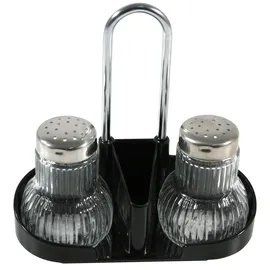 Fackelmann Griffmenage RUBIN, Gewürzständer mit Salz- und Pfefferstreuer und Zahnstocherbehälter (Farbe: Silber/Transparent/schwarz), Menage: 1 Stück, 47320