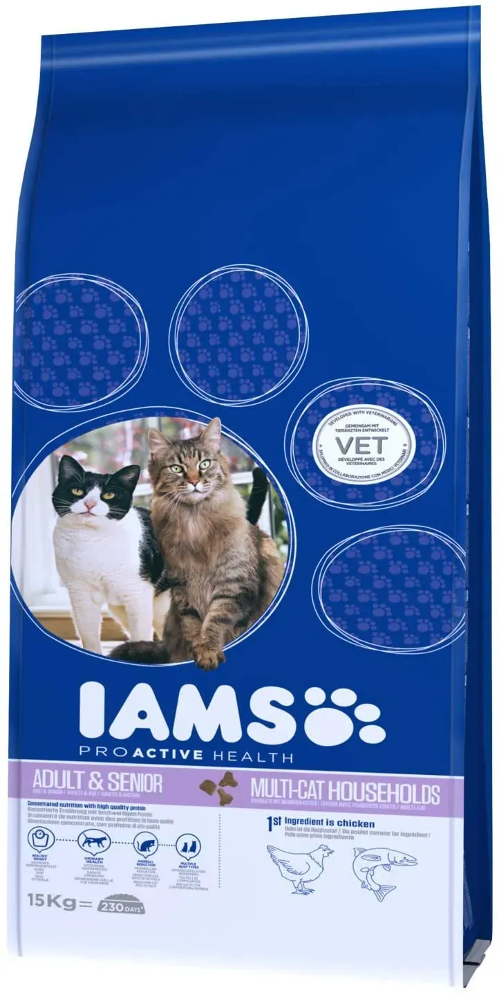 IAMS Multi-Cat Trockenfutter für Haushalte mit mehreren erwachsenen oder älteren Katzen mit Huhn 15 kg