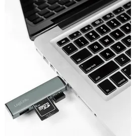 Logilink USB 3.2 (Gen2) 2-Port Hub mit Kartenleser für microSD- und SD-Karten, Aluminiumgehäuse, mit eingebautem SD-Kartenleser, mit Status-LEDs Spacegrau