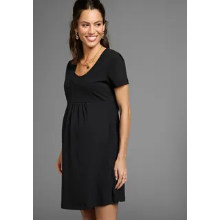 NEUN MONATE Umstandskleid "Kurzes Schwangerschafts-Jerseykleid, Minikleid", Damen, Gr. 40/42, N-Gr, schwarz, Jersey, Obermaterial: 95% Baumwolle, 5% Elasthan, unifarben, Basic ca. Mitte Knie, V-Ausschnitt, Kleider, Auschnitt in Wickeloptik