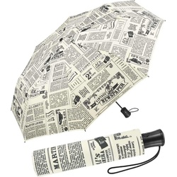 HAPPY RAIN Langregenschirm schöner Damen-Regenschirm mit Auf-Automatik, bedruckt mit Zeitungsmeldungen im Vintage-Stil beige Ø 94 cm