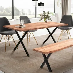 Kadima Design Esstisch XL Massiv X-Beine  180x90 cm Akazienholz  Goldbraun  Baumkante für Großfamilien  Kreta Kollektion