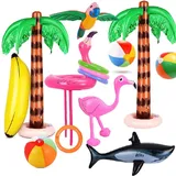 Evance 14 Stücke Aufblasbare Palmen Flamingo Spielzeug Aufblasbare Bananenstrandbälle Fliegen Papagei Hai mit Ringwurfspiel Aufblasbare Flamingo Wurfspiel Pool Spielzeug (14 PCS)