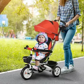 Homcom Dreirad 6 in 1 mit Schubstange für 1-5 Jahre Kinder bis 25kg, Kinderdreirad mit Vorwärts und Rückwärtsfahrt, Korb Getränkehalter, Faltbar Abnehmbar Sonnendach, Rot