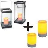 technik@all LED Laterne LED-Glaslaternen 2er Set – Kombipack für Solar- oder Batteriebetrieb, LED, Gelb, Solar- oder Batteriebetrieb inkl. Wechselkerzen