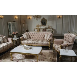 Casa Padrino Luxus Barock Wohnzimmer Set Rosa / Weiß / Gold - 2 Sofas & 2 Sessel & 1 Couchtisch & 2 Beistelltische - Wohnzimmer Möbel im Barockstil - Edel & Prunkvoll