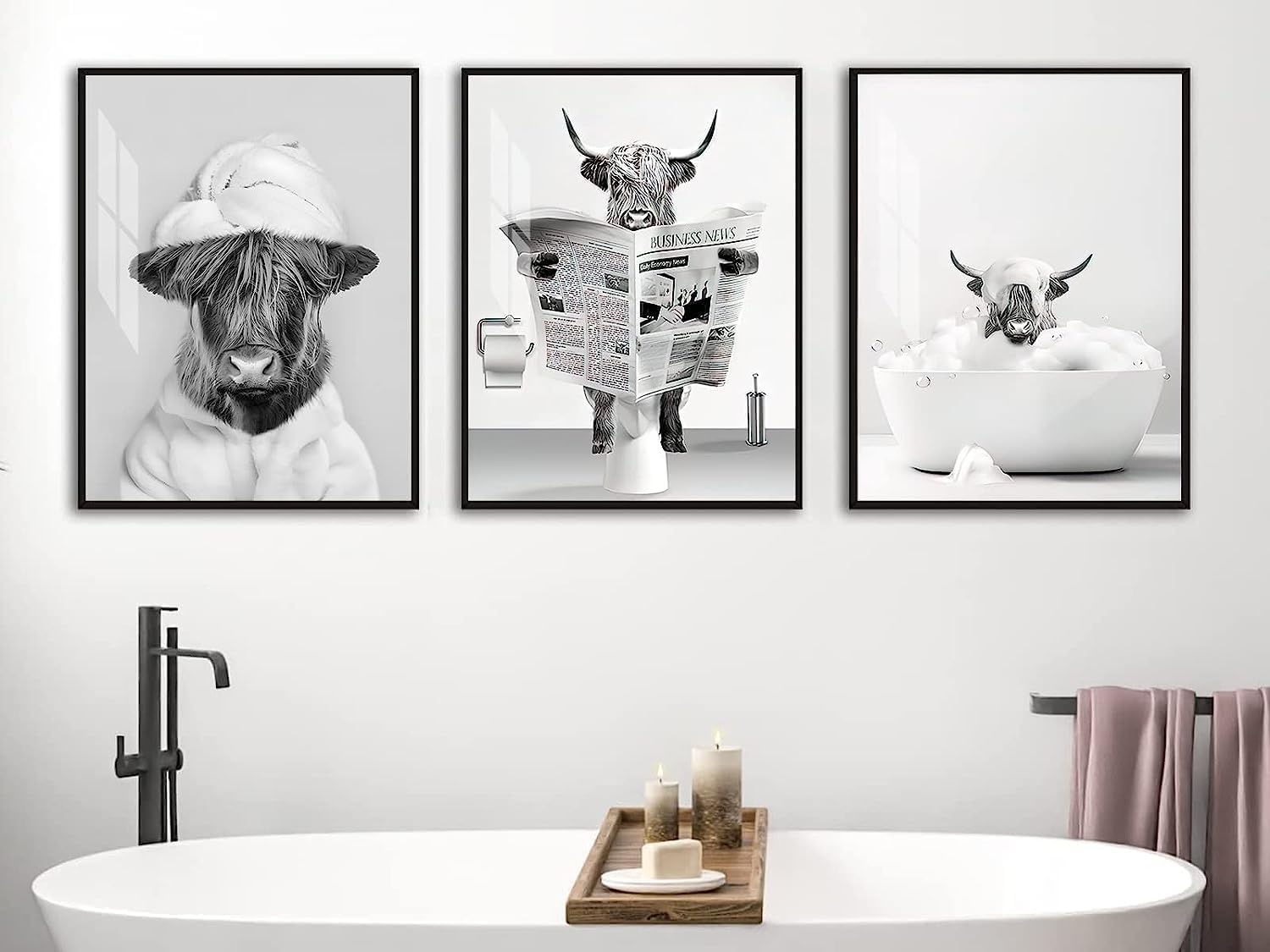 DLKAJFK Hochlandkuh Elefant Badezimmer Poster,Tier Schwarz Weiß Wand Kunst Drucke,Leinwand Bilder für Nordisches Badezimmer Wohnkultur Deko, Kein Rahmen (30x40cm*3)