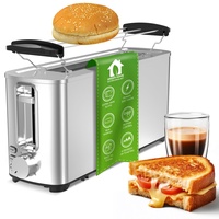 TurboTronic TT-BF14 Edelstahl Toaster mit extra langem Brot-Schlitz Brötchenaufsatz, Krümelschublade Auftauen, Aufwärmen, Stop Langschlitztoaster