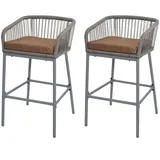 Mendler 2er-Set Rope-Barhocker HWC-O22, Tresenhocker, Outdoor Sitzpolster Seilgeflecht Metall ~ hellgrau, Kissen taupe