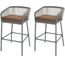 Mendler 2er-Set Rope-Barhocker HWC-O22, Tresenhocker, Outdoor Sitzpolster Seilgeflecht Metall ~ hellgrau, Kissen taupe