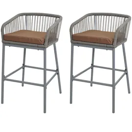 Mendler 2er-Set Rope-Barhocker HWC-O22, Tresenhocker, Outdoor Sitzpolster Seilgeflecht Metall ~ hellgrau, Kissen taupe