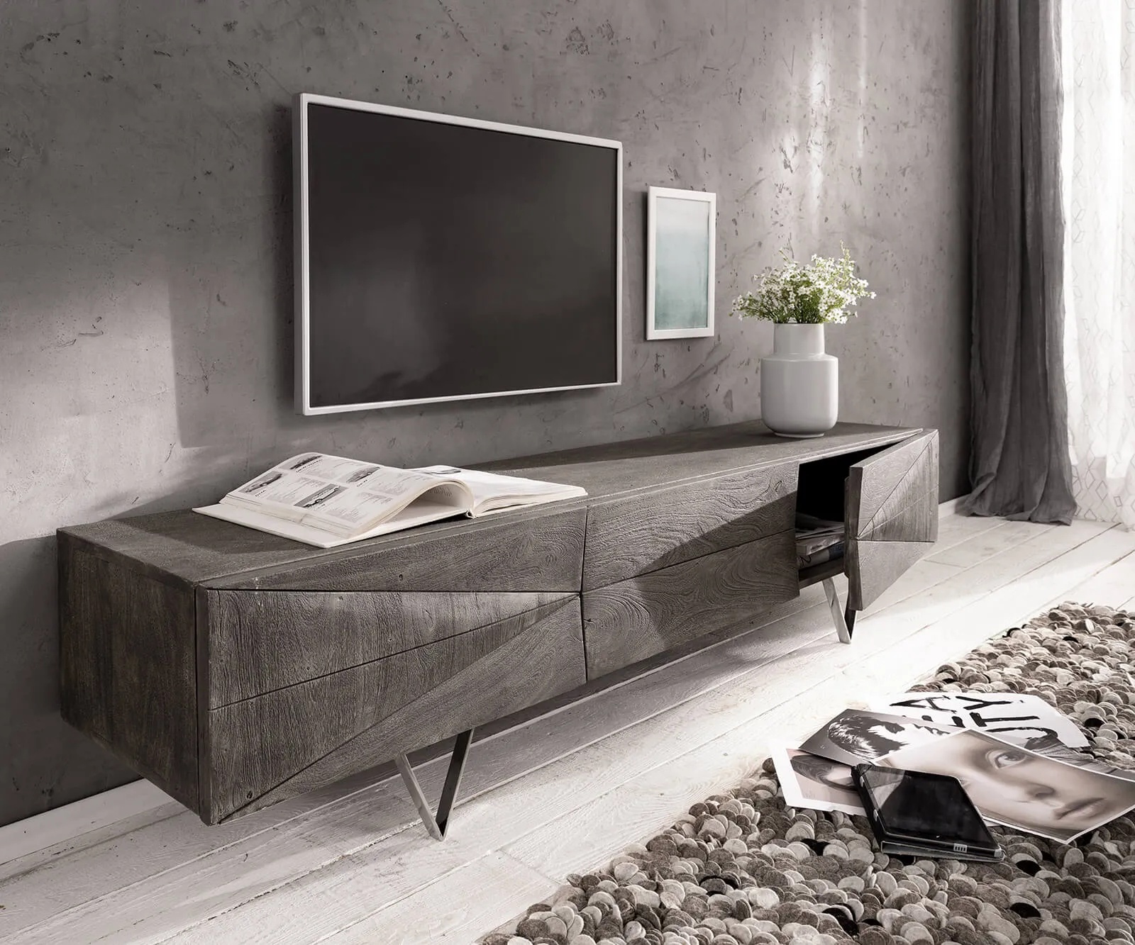 DELIFE Meuble-TV  Wyatt 175 cm platine acacia 1 rabat, Meubles-TV