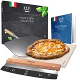 CLP Pizzastein eckig aus Cordierit mit Rezeptbuch für Backofen & Grill 38x30 cm I Einzeln oder als Set mit Pizzaschieber und Schneider, Set-Inhalt:Pizzastein+Schneider+Schieber