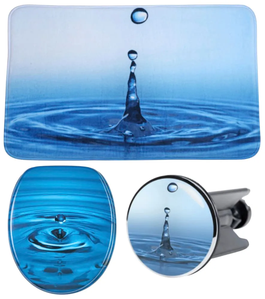 Badaccessoire-Set SANILO "Wassertropfen" Badaccessoires-Sets blau bestehend aus WC-Sitz, Badteppich und Waschbeckenstöpsel