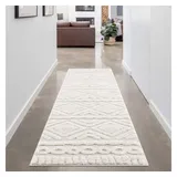 Carpet City Teppich Wohnzimmer Hochflor Creme - Läufer 80x300 cm - Rauten Hochtief-Muster, 3D-Effekt - Bettvorleger Schlafzimmer Teppiche Boho, Skandi