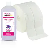 NAILS FACTORY | N&BF Nagel Cleaner Set mit Duft 500ml + 1000 Zelletten Cellulose Pads (2 Rollen à 500 Stück) - 70% Isopropanol-Alkohol – für Gelnägel – Nagelreiniger – in Studioqualität (Flora)