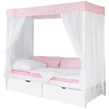 TICAA Himmelbett Lino 90 x 200 cm Kiefer weiß inkl. 2 Schubkästen stern-rosa
