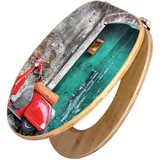 Banjado Design WC Sitz Bambus Toilettendeckel Toilettensitz Bambus Holz Klodeckel WC-Sitz Universal Scharnieren Motiv Italienischer Roller