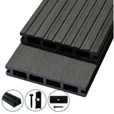 Woodstore24 Terrassendielen WoodoRhodos WPC Diele für Terrasse und Balkon mit Clipsystem, (Bodenbelag Komplettset mit Unterkonstruktion, Clip-Befestigung, 2,4m L x 12cm B x 2cm Stärke, in grau, anthrazit oder braun), Holzoptik, Klicksystem, Außenbereich, Gastronomie geeignet, wetterfest grau