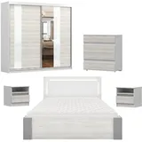 Deine Möbel 24 Schlafzimmer-Set HEAVEN MULTI Komplettschlafzimmer Kleiderschrank 183 203 233 cm, (Schwebetürenschrank Kleiderschrank mit Spiegeltüren Kommode 2x Nachttisch Doppelbett 160x200, 5-tlg., Set), mit LED-Beleuchtung Matratze optional